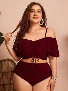 Swim Chiccia Women's Solid Color Spaghetti Strap Off-Shoulder 2-Piece Bikini Set With Ruffles And Drawstring - Elegant And Stylish For Vacation - Bordeaux 2 - View 1
