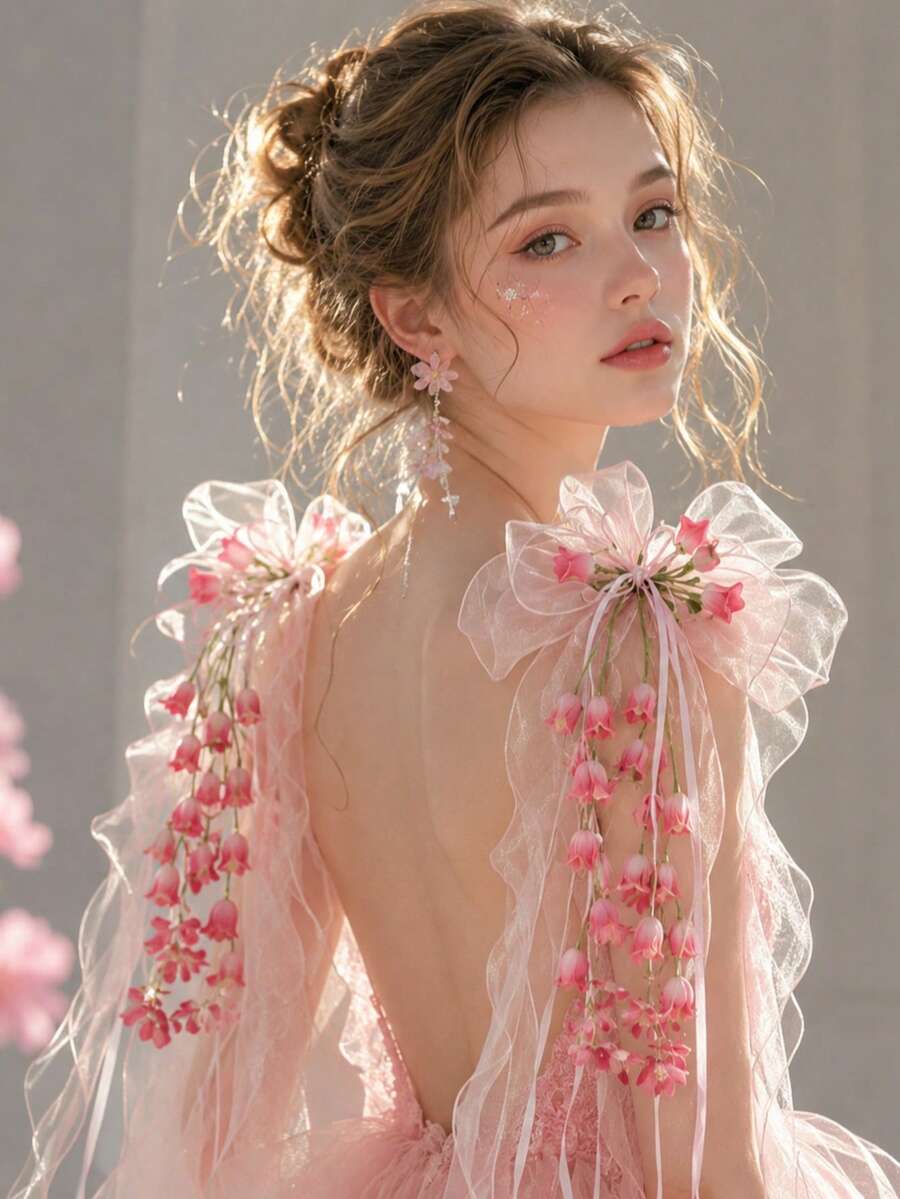 KOVLYNE 2件組鈴蘭花肩披套裝-歐根紗蝴蝶結花卉肩披,婚禮、新娘與攝影造型配件 - 彩色 - 查看 1