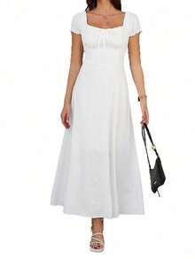 Women's Elegant Square Neck Maxi Dress, Puff Short Sleeve Tie Front A-Line Long Dress, High Waist Corset Detail Flowy Swing Dress, Casual Chic Evening Party Cocktail Dress, Summer Vacation - 白色 - 查看 2