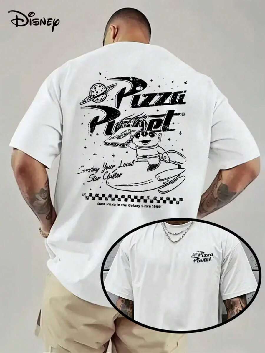 Licensed Disney Tee: Toy Story "Pizza Planet" Alien Retro Print, 100% Cotton, Relaxed Fit, Soft & Breathable, Unisex Crew Neck Short Sleeve. - 白色 - 查看 1