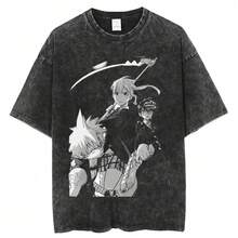 New Retro Heavyweight T-Shirt With Comfortable Fabric, Valentine's Day T-Shirts, Soul Eater Japanese Anime Printed T-Shirt, Men's Casual Sleeve Graphic Tees, Al T-Shirt - 黑色 - 查看 1