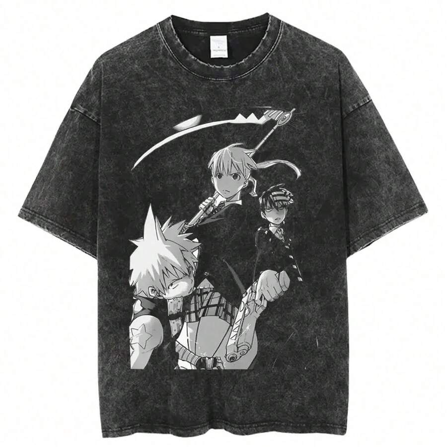 New Retro Heavyweight T-Shirt With Comfortable Fabric, Valentine's Day T-Shirts, Soul Eater Japanese Anime Printed T-Shirt, Men's Casual Sleeve Graphic Tees, Al T-Shirt - 黑色 - 查看 1