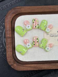 10pcs/Set Y2K Nails, Pink Nails Handmade, Green Nails, Green French Tip Nails, Handmade 3D Flowers And Green Frog Nails Art, Perfect For Parties & Daily Wear. Short Square Nails. Handmade Press On Nails Square, Fake Nails, Acrylic Nails, Cute Nails - Multicolor - View 10
