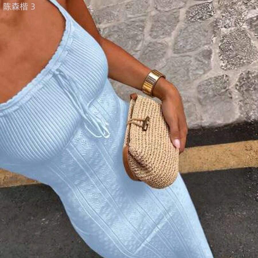yonghongmaoyi1 Vestido de punto blanco vintage casual y elegante de Yuwenier, con cuello cuadrado, diseño acanalado, patrón calado, tirantes finos, lazo delantero y - Azul - Ver 1