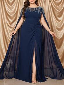 Voworia Plus Size Elegant Round Neck Leaf Pattern Pearl Beaded Decor Chiffon Formal Evening Gown Spring - Navy Blue - View 1