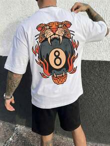 Camiseta holgada con estampado de leopardo y llamas para hombre, estilo callejero hip hop, gráfico retro de tatuaje doble cara, tacto suave, verano, 100% algodón - Blanco - Ver 1