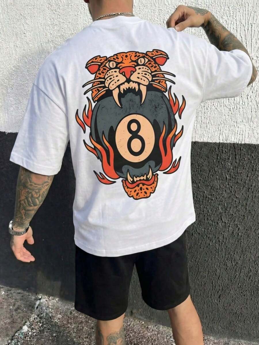 Camiseta holgada con estampado de leopardo y llamas para hombre, estilo callejero hip hop, gráfico retro de tatuaje doble cara, tacto suave, verano, 100% algodón - Blanco - Ver 1