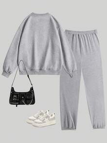 2pcs Tween Girls Sweatshirt & Joggers Set, "23" Print, Soft Fabric, Sporty Casual Everyday Wear - Grey - View 4