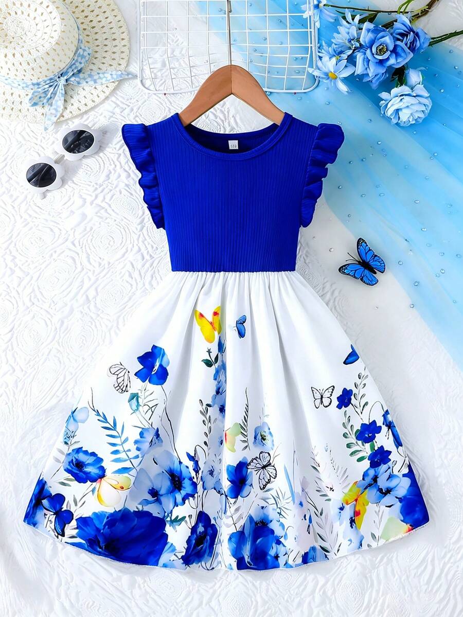 Tween Girls Elegant Cap Sleeve Rib Splice Floral Print Casual Dress, Summer - Navy Blue - View 1