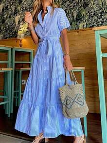 ¡RENUEVA TU ARMARIO YA!Vestido midi de mujer nuevo, estampado de rayas elegante y corto de manga, corte holgado favorecedor y cómodo para uso diario y oficina - Azul - Ver 4