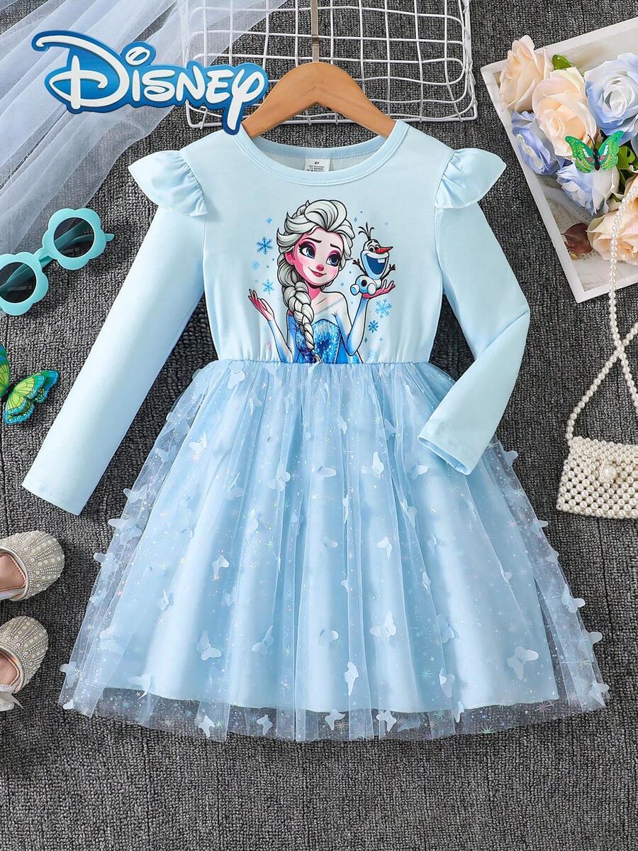 Disney Frozen Autumn Long Sleeve 3D Butterfly Dress Solid Blue Mesh Skirt With Elsa Princess Cartoon Pattern Slight Stretch Suitable For Girls Daily Spring Wear Gift - Baby Blue - View 1