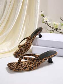 New Women's Fashion High Heel Sandals, Elegant Women's High Heels, Kitten Heel Split Toe High Heels, Backless Elegant Leopard Print Flip Flops, Stiletto Heel Square Toe Women's High Heels, Summer Outdoor Stiletto Sandals, Suitable For Party Casual Elegant Wear, Wedding Party Nightclub Style - Brown - View 1