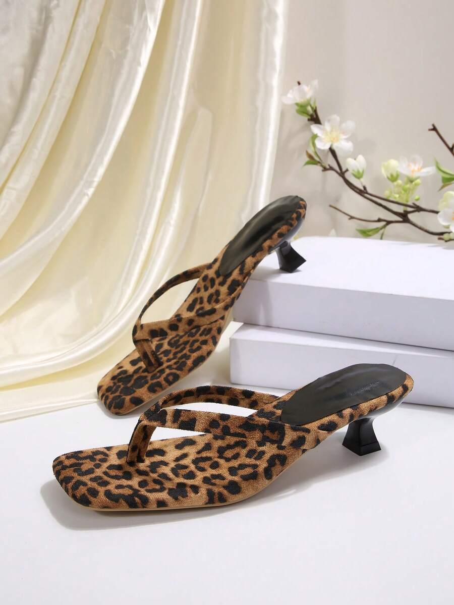 New Women's Fashion High Heel Sandals, Elegant Women's High Heels, Kitten Heel Split Toe High Heels, Backless Elegant Leopard Print Flip Flops, Stiletto Heel Square Toe Women's High Heels, Summer Outdoor Stiletto Sandals, Suitable For Party Casual Elegant Wear, Wedding Party Nightclub Style - Brown - View 1