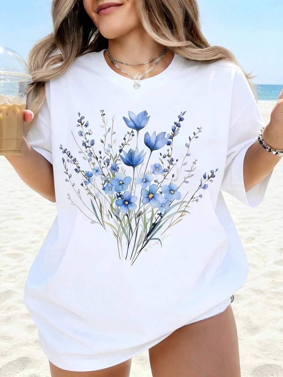 White T-Shirt With Blue Floral Print, Loose Fit And Plus Size, For Summer And Beach, Casual Short Sleeve Graphic Design T-Shirt For Women, Ideal For Holidays And Everyday Wear - 白色 - 查看 1
