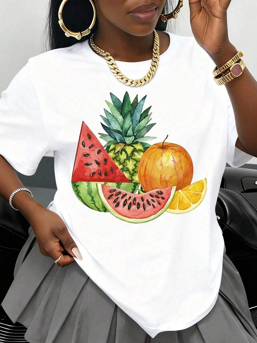 Camiseta Blanca con Estampado de Frutas para Mujer, Top Casual de Verano, Camiseta Gráfica con Piña, Sandía, Naranja y Manzana, Moda Urbana, Camiseta Oversize - Blanco - Ver 1