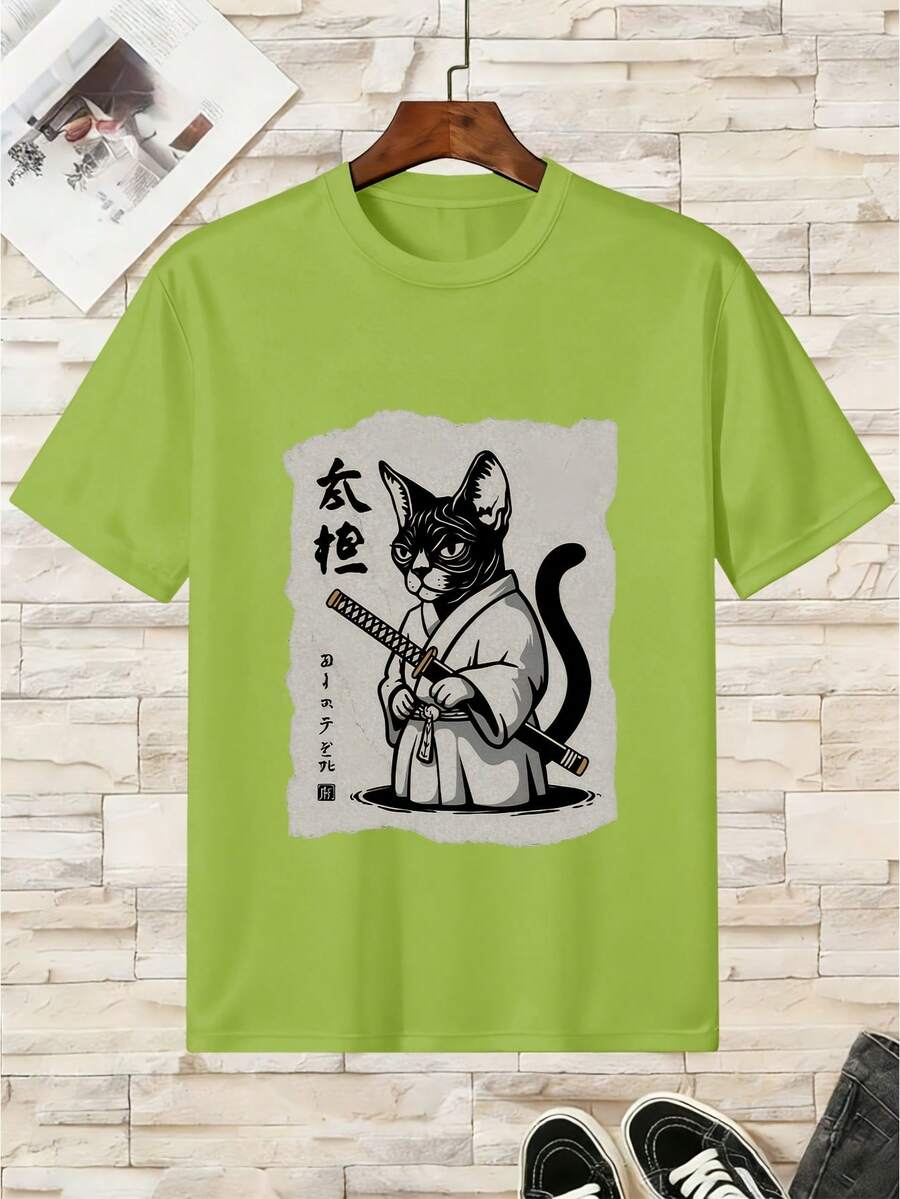 Cotton T-Shirt For Boys Cat Samurai - Green - View 1