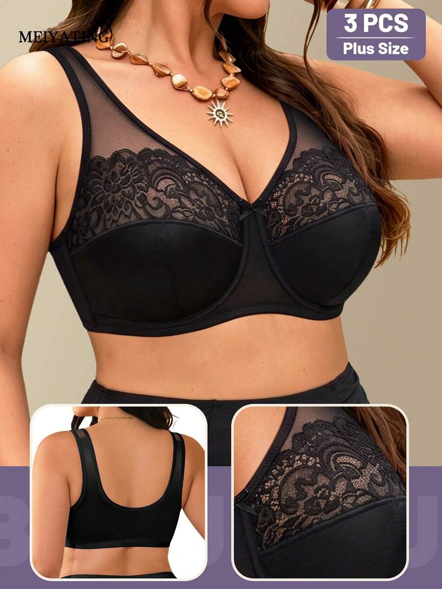MEIYATING 3pcs Women's Plus Size Mesh Patchwork Lightweight Floral Lace Push-Up Support U-Shaped Back Bow Tank Style Bra Black - Black - View 1
