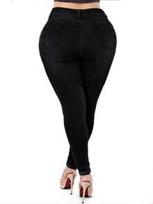 Plus-Size Pure Black Slim Jeans With Button Pockets. Simple Y2K Style, Perfect For Daily And Holiday Wear. Casual - Black - View 5