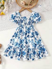 Girls' Sweet Heart Pattern Dress With Puff Sleeves, Ruffle Trim And Flounce Hem, Princess Dress For Summer Beach Holiday Party - Royal Blue - View 5