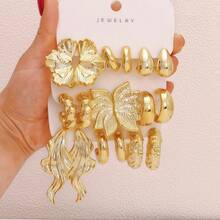 1 Set 9 Pares/3 Pares Pendientes de Textura Asimétrica Dorada & Pendientes de Mariposa Abstracta, Joyería de Estilo Callejero Apilable para Mujeres Y2K - Amarillo Oro - Ver 5