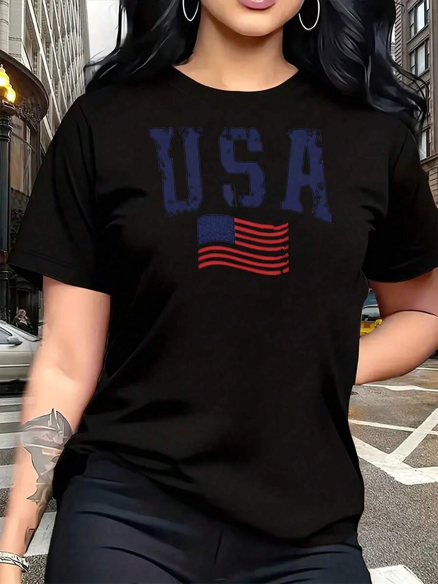 Women's Plus Size T-Shirt With American Flag Design, Fun, Short Sleeve, 100% Cotton, Crew Neck, 220g - 黑色 - 查看 1