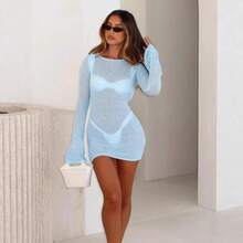 New Solid Color Knit Dress, Sexy Sheer Backless Round Neck Long Sleeve Beach Cover-Up - 黃色 - 查看 4