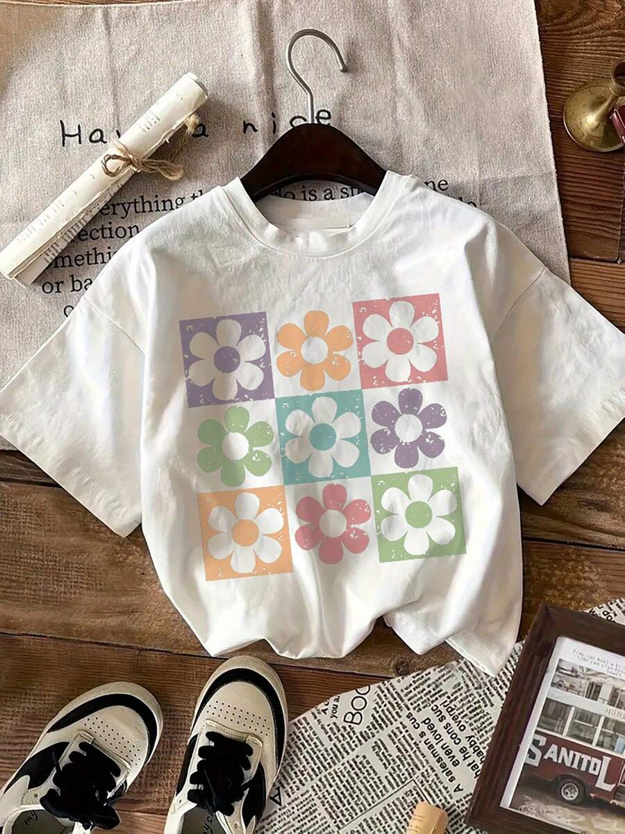 Floral Print Short Sleeve] 1 Piece Women's Floral Print Blouse - Casual Short Sleeve Round Neck, 100% Cotton, All Seasons, Knit Fabric - Letter Print Design2026 - 白色 - 查看 1