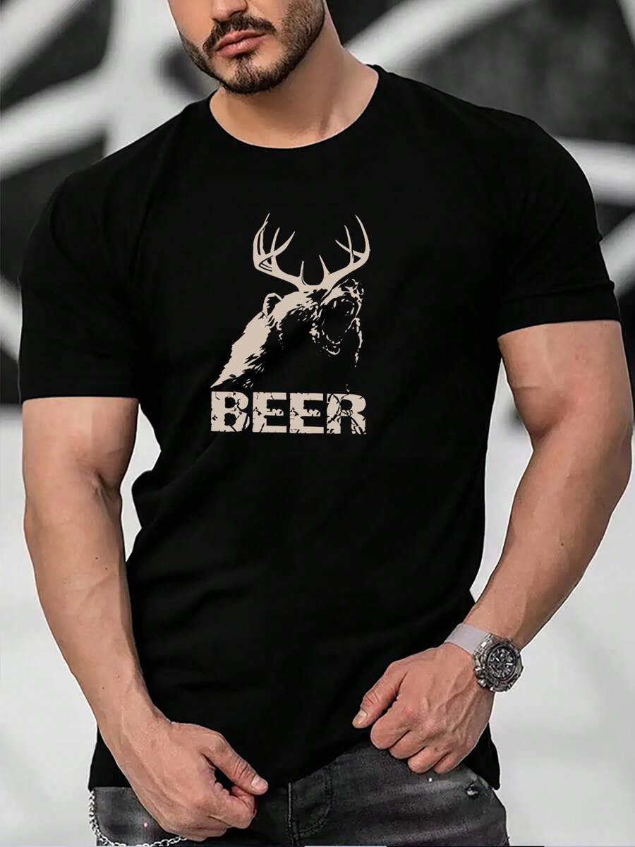 Men's Stylish Short-Sleeved T-Shirt With Round Neck And Deer Antler And Beer Print, Perfect For Summer And Outdoor Activities. - 黑色 - 查看 1