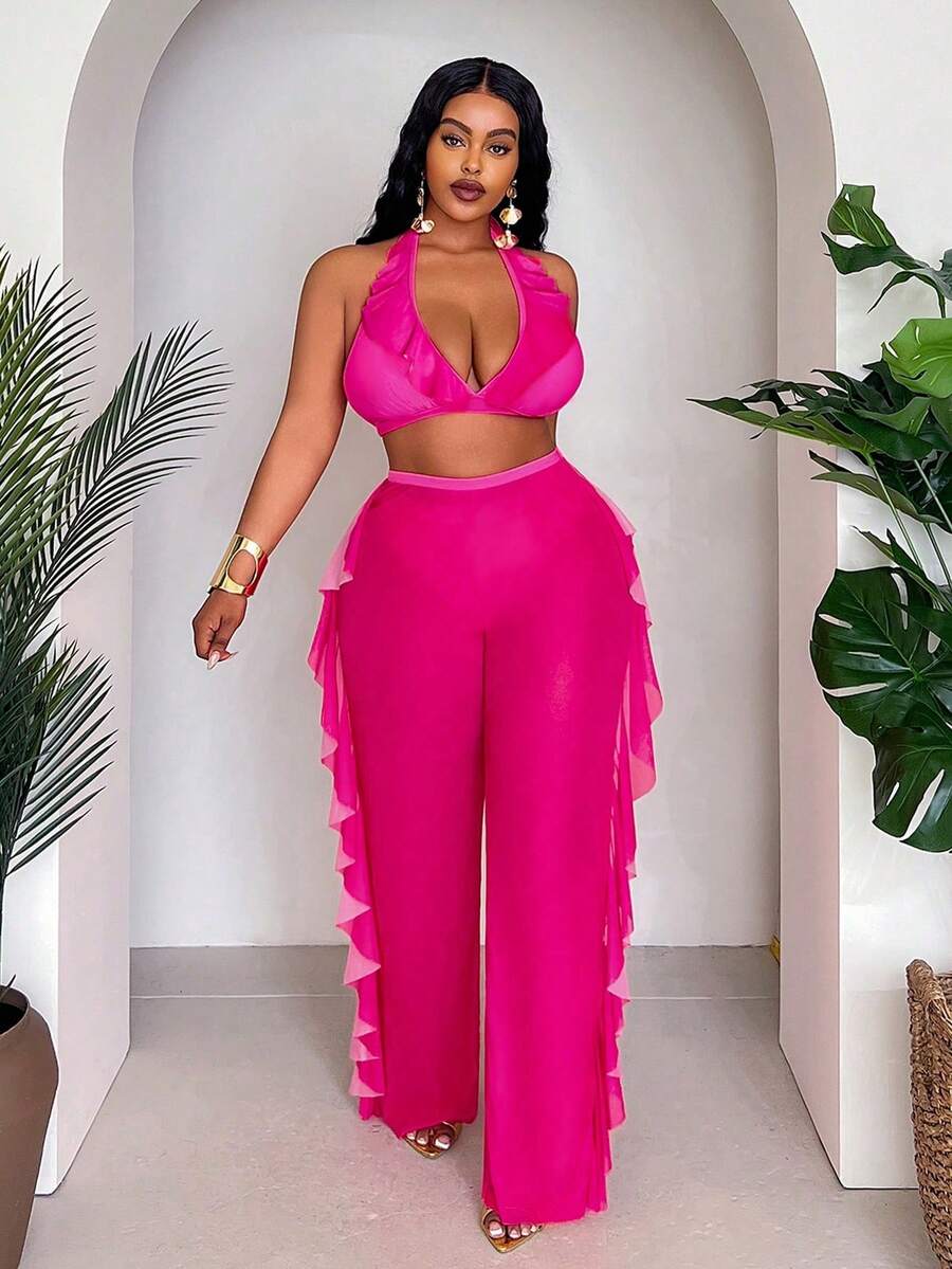Conjunto de traje de baño de 3 piezas para tallas grandes - Rosa Fucsia - Ver 1