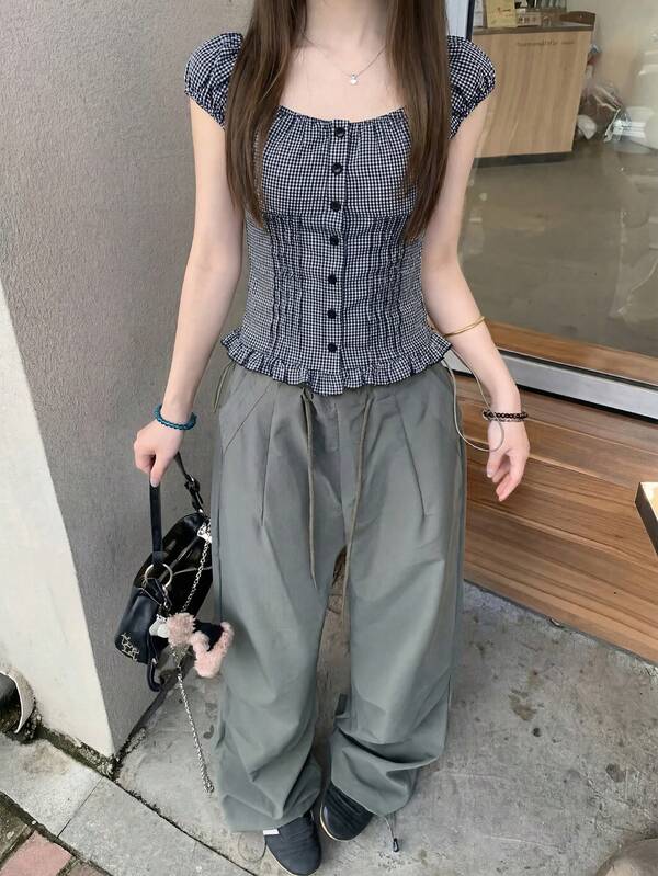 復古黑白格紋單排扣方領短袖女款夏季新款上衣