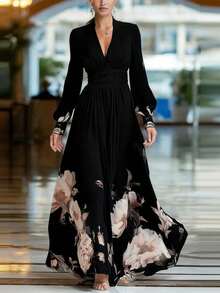 Elegant Long Dress With A Combination Of French-Style Printed Tulle - Black - View 1