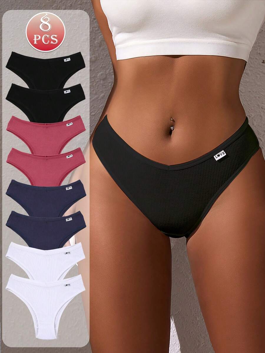 8 piezas/Set de bragas de cintura baja suaves & cómodas para mujer, línea de cintura en forma de V sexy, ropa interior de alta elasticidad, para uso diario - Multicolor - Ver 1