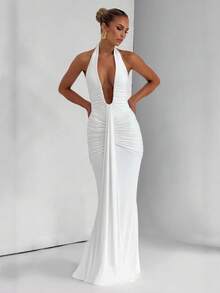 Vestido largo plisado cuello V profundo espalda descubierta ajustado sexy estilo europeo moda verano - Blanco - Ver 1