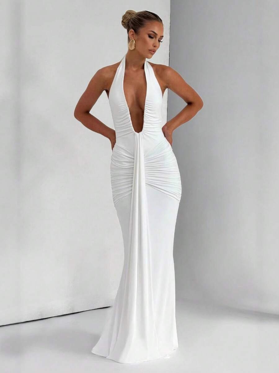 Vestido largo plisado cuello V profundo espalda descubierta ajustado sexy estilo europeo moda verano - Blanco - Ver 1