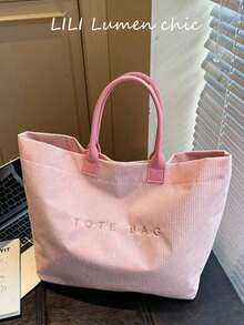 Pendler-Stil solide rosa Polyester Schultertasche, weicher Cord lässig Handtasche mit großer Kapazität, Ledergriff und Buchstickerei, vielseitig einsetzbar für Pendeln, Büro, Campus, täglichen Gebrauch, modisch und elegant für Damen Büroarbeit - Pink - Übersicht 8
