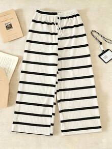 Tween GirlsSummer Casual Black & White Striped Straight Leg Pants - White - View 1