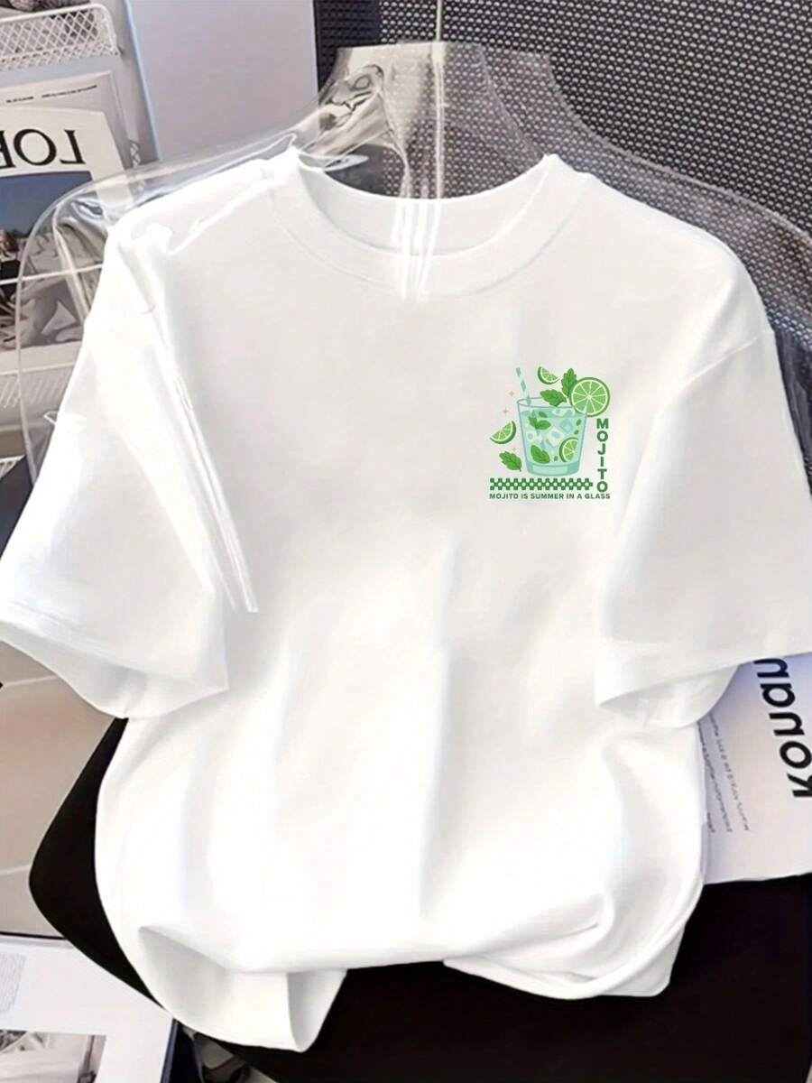 Camiseta estampada de manga corta con diseños frontales y traseros - Mojito, bebida de verano - Camiseta estampada de moda para mujer, primavera/verano, ¡tu mejor elección! - Blanco - Ver 1
