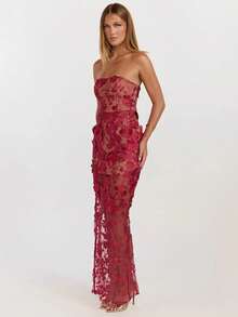 Women's Strapless Dress With Three-Dimensional Flowers, French Style, Luxurious, Lightweight, Elegant, Ideal For Parties, Ladies, Summer, Casual Fashion, New Collection - 酒紅色 - 查看 2