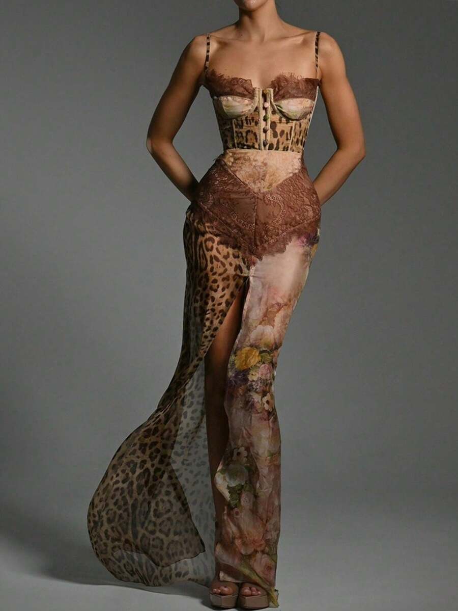 Long Chiffon Dress With Straps, Off-The-Shoulder Design, And Slit, Sexy Summer Girl Style - 卡其色 - 查看 1