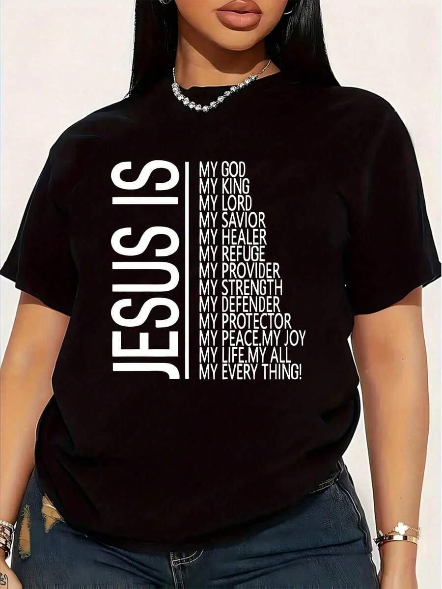 Camiseta de Mujer Talla Grande con Estampado de Letras "Is My Everything", Divertida, de Manga Corta, con Diseño Gráfico, Novedosa, 100% Algodón, Cuello Redondo, Casual, 220g - Negro - Ver 1