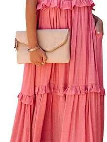 Vestido pastel tirantes estilo delicado largo elegante  moda femenina estilo europeo - Rosa - Ver 4