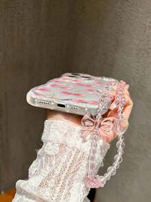 Cherry Transparent Painted Phone Case With Chain, Creamy Wavy Edge, Minimalist Anti-Drop Thickened Protective Cover, Printed Design, Compatible With IP 16, IP 11, IP 16 Pro Max, IP 13, IP 11, IP 12, IP 13, IP 16, IP 15, IP 16 Plus, IP 16 Pro Max - Multicolor - View 5