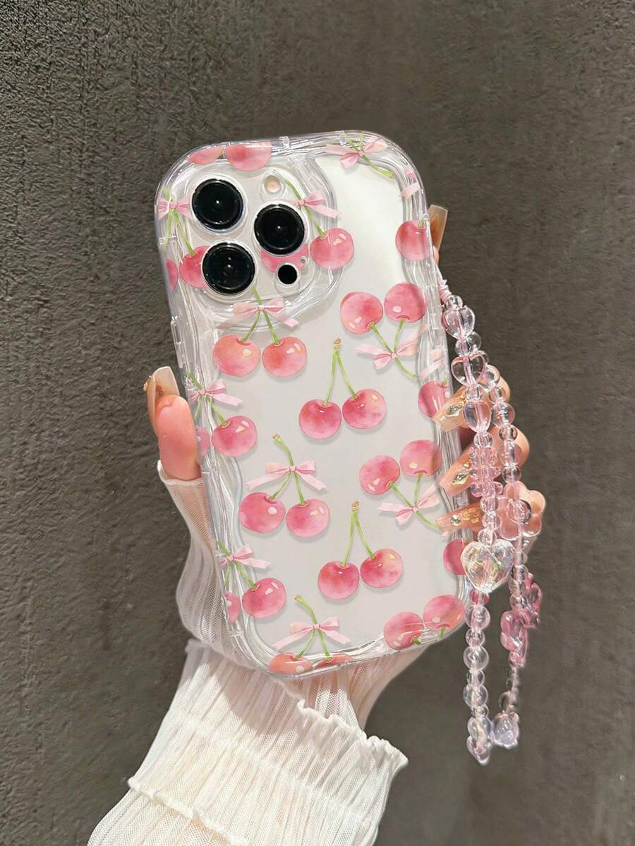 Cherry Transparent Painted Phone Case With Chain, Creamy Wavy Edge, Minimalist Anti-Drop Thickened Protective Cover, Printed Design, Compatible With IP 16, IP 11, IP 16 Pro Max, IP 13, IP 11, IP 12, IP 13, IP 16, IP 15, IP 16 Plus, IP 16 Pro Max - Multicolor - View 1