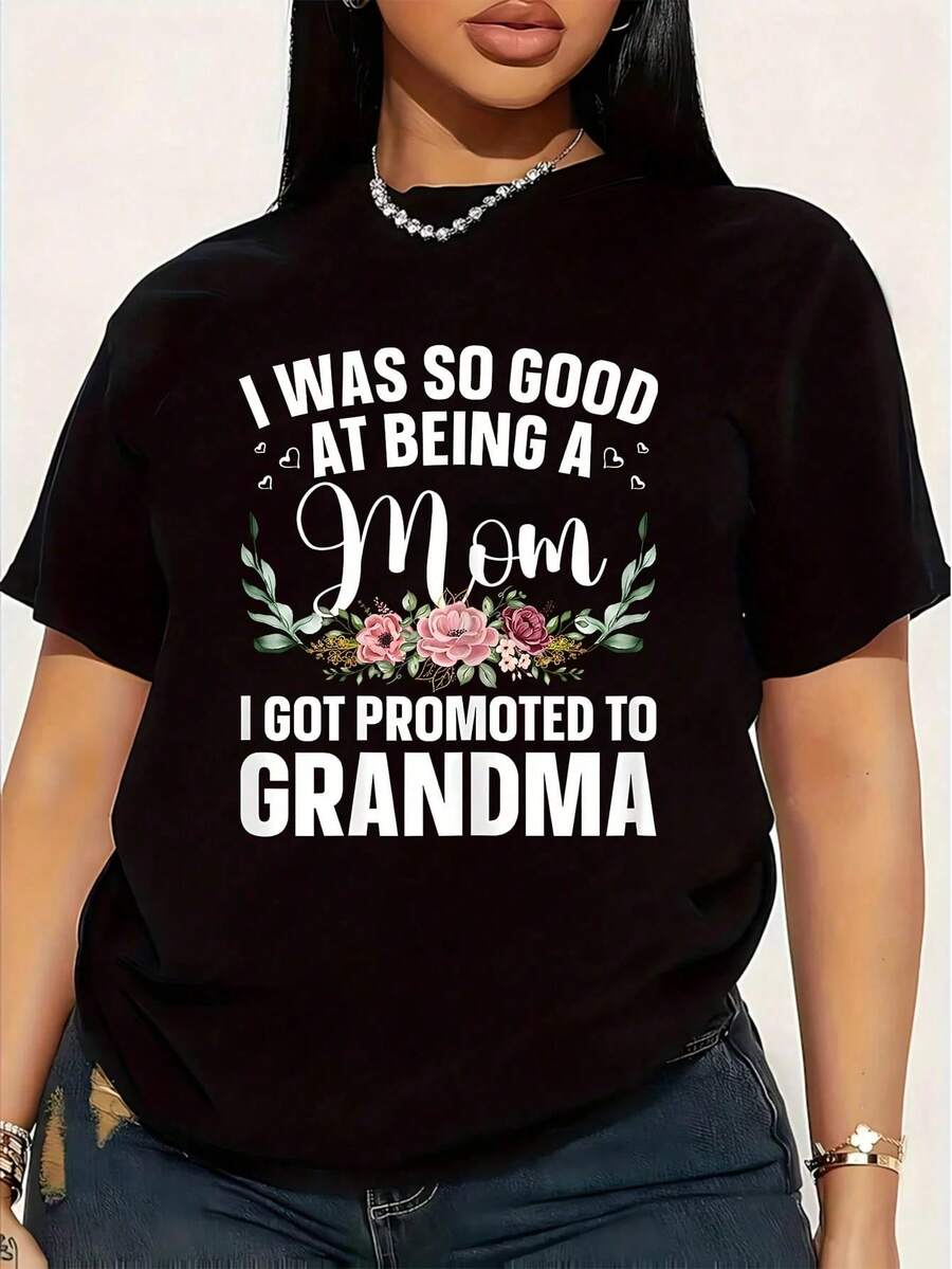 Women's Plus Size T-Shirt, Funny Graphic Print, Short Sleeve, Novelty, 100% Cotton, Casual Crew Neck, 220g, For Mom, Grandma, Promoted To Grandma. - 黑色 - 查看 1