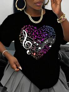 Camiseta Blanca con Diseño de Notas Musicales y Corazón para Mujer, Top Casual de Moda con Símbolos Musicales Coloridos, Estilo Streetwear, Atuendo de Verano, Idea de Regalo para Amantes de - Negro - Ver 1