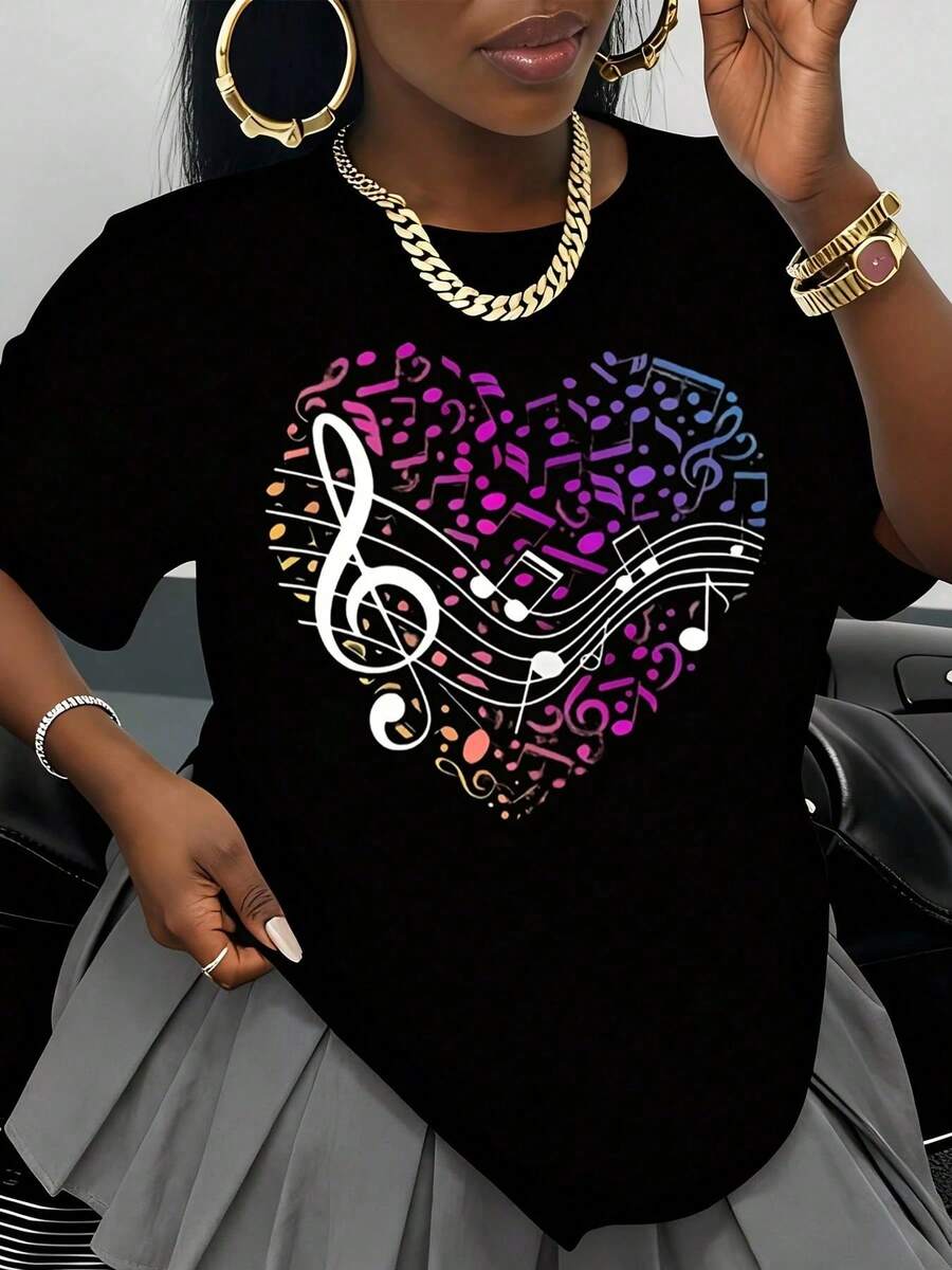 Camiseta Blanca con Diseño de Notas Musicales y Corazón para Mujer, Top Casual de Moda con Símbolos Musicales Coloridos, Estilo Streetwear, Atuendo de Verano, Idea de Regalo para Amantes de - Negro - Ver 1