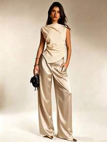 Pantalones de seda de satén de unicolor para mujer con bolsillos y cremallera, adecuados para vacaciones, oficina, brunch, aeropuerto, todas las estaciones primavera - Champán - Ver 5