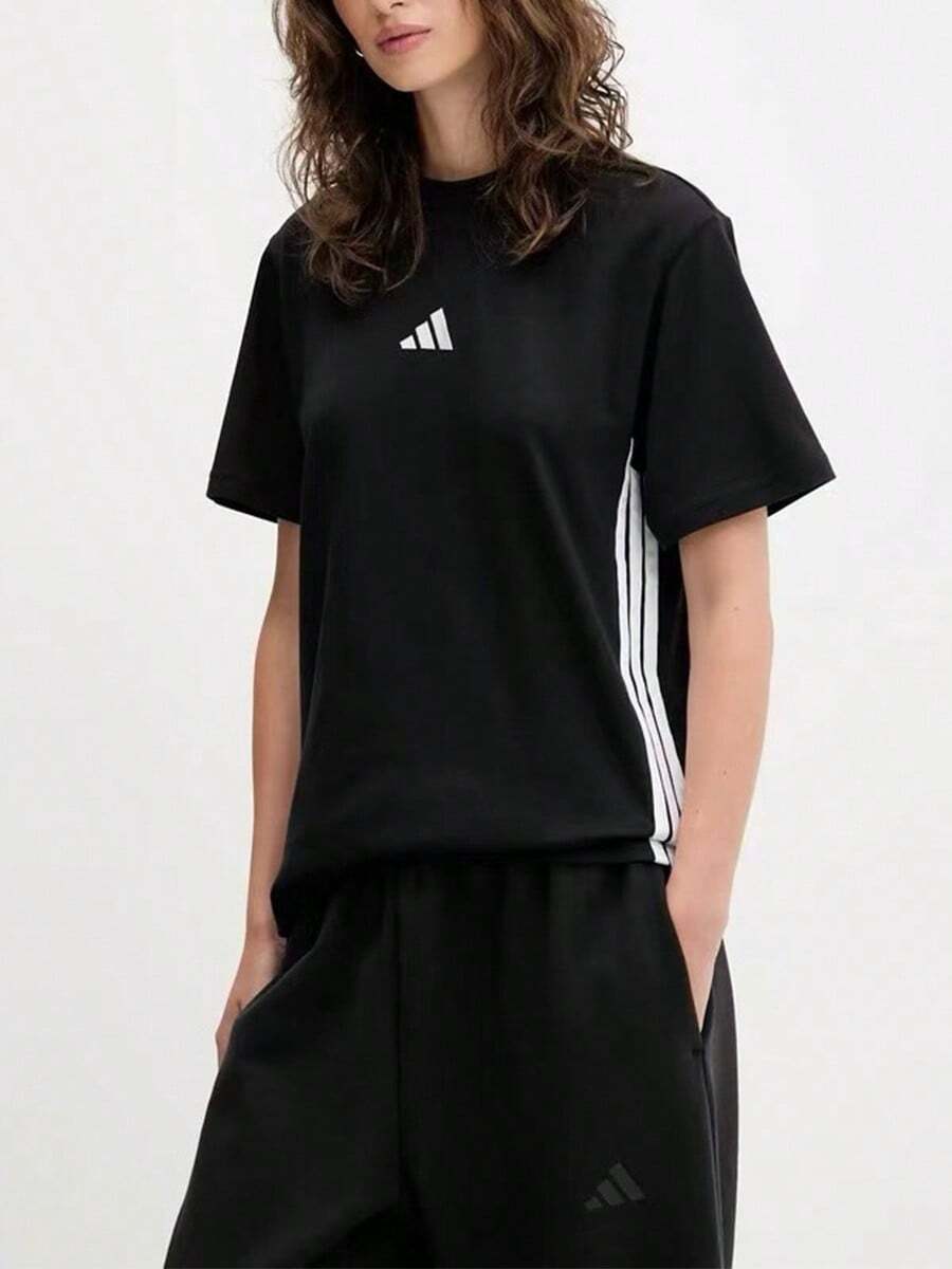 Adidas ESSENTIALS Women's Short-Sleeve Side Stripe Moisture-Wicking Crew Neck Regular T-Shirt In Black - Black - View 1
