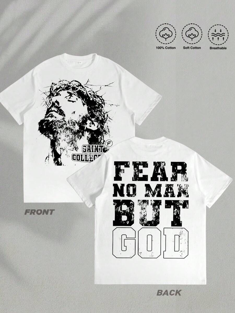 Camiseta para Hombre "No Tema a Nadie Excepto a Dios" con Gráfico de la Corona de Espinas de Jesús, Ropa Urbana, Declaración de Fe Religiosa, Camiseta de Algodón para Hombres, Moda Cristiana - Blanco - Ver 1