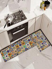 1pc Bohemian Style Kitchen Floor Mat, Cushioned And Anti-Fatigue Design, Mexican Colorful Tile Pattern, Rubber Non-Slip Standing Mat, Suitable For Laundry Room, Sink, Desk And Other Areas - Multicolor - View 2